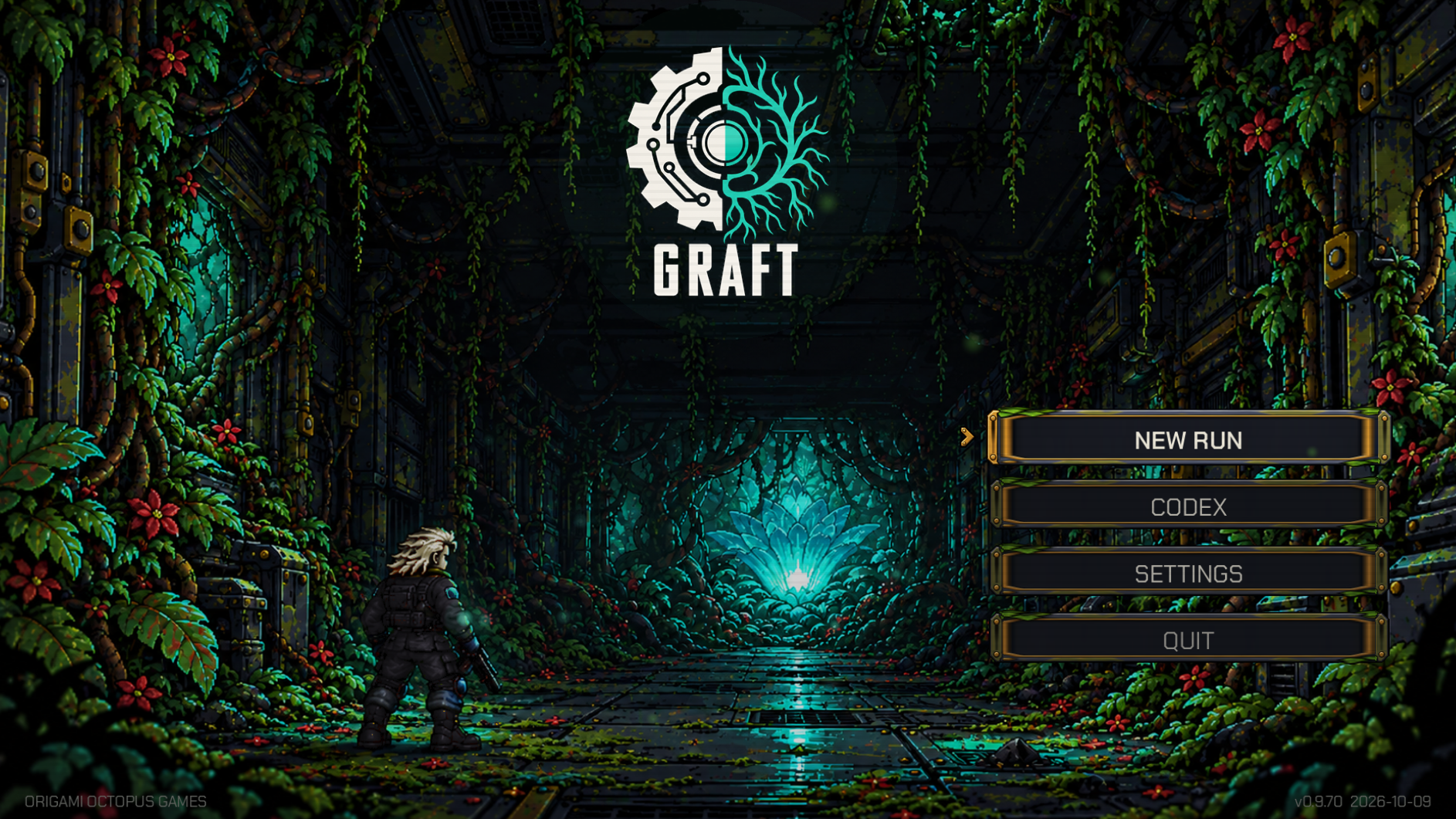 GRAFT title screen: Reyes in black armor faces a glowing turquoise garden in an overgrown spacecraft
