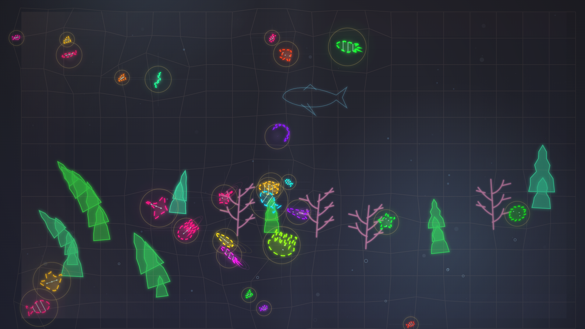 Neon Reef gameplay: hand-drawn neon creatures swimming through a living aquarium
