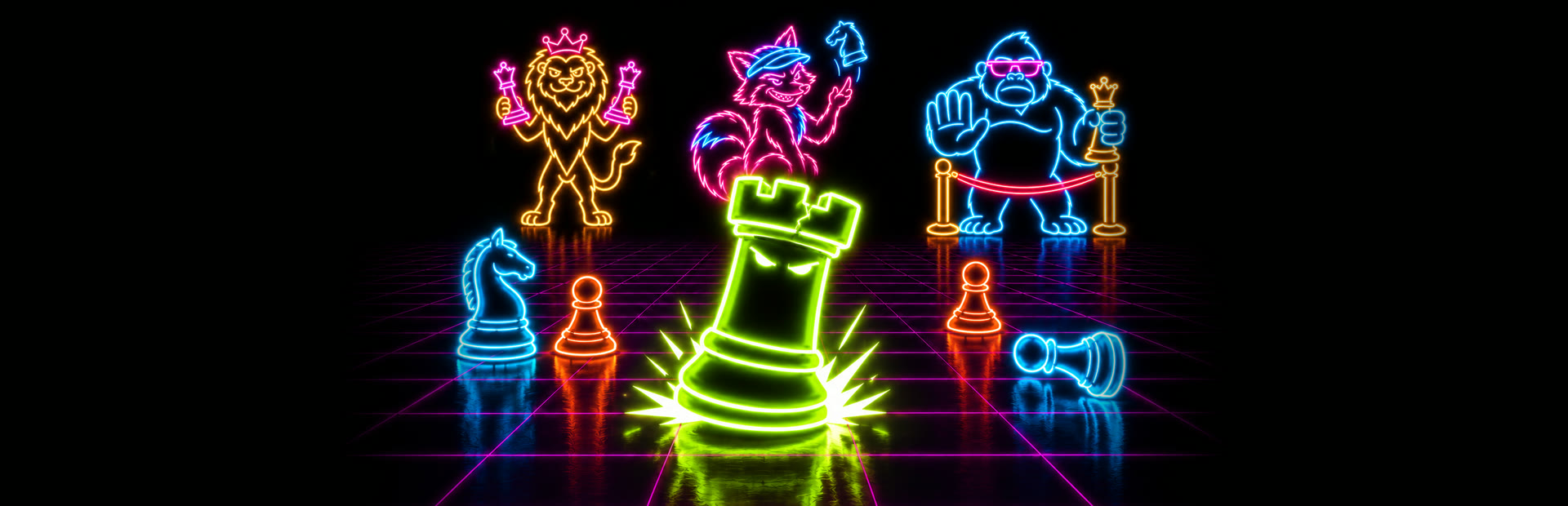 Rowdy Rooks artwork: a neon lion, raccoon and gorilla behind a glowing green rook on a synthwave chessboard