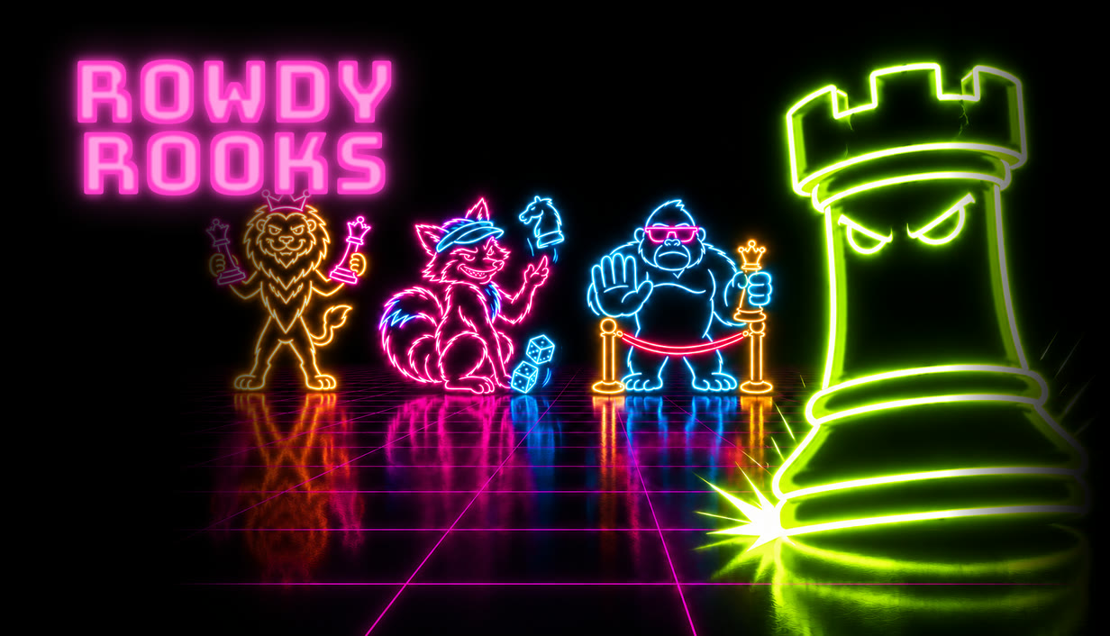 Rowdy Rooks key art with the neon Rowdy Rooks logo