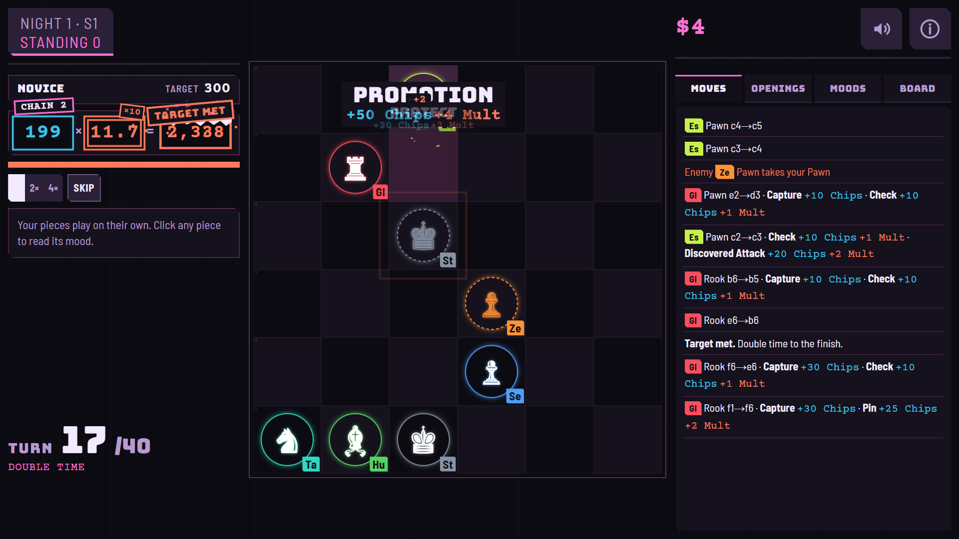 A battle in progress: moody pieces score a Promotion while the move log tallies Chips and Mult