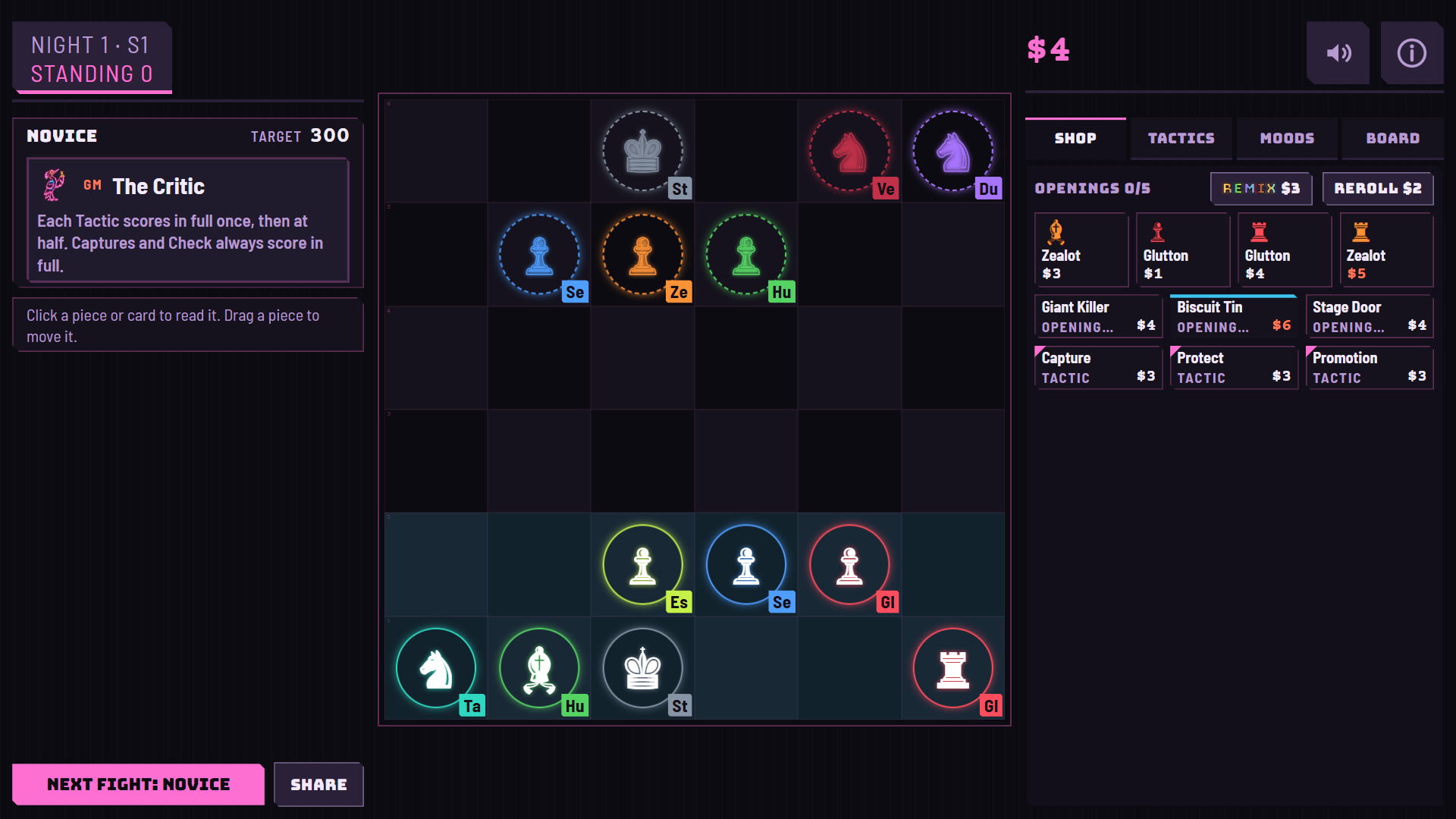 The shop between battles: buy pieces, Openings and Tactics, then arrange the board